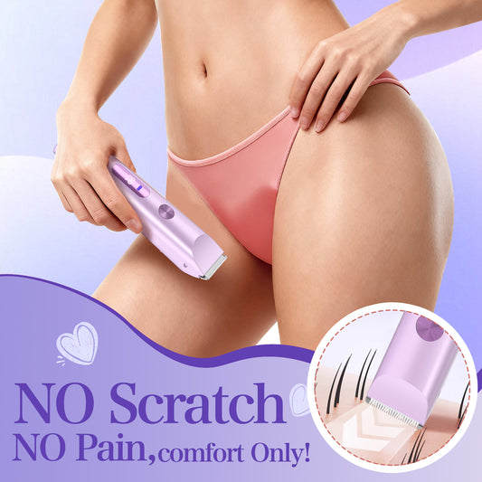 Woman using the purple bikini trimmer for gentle grooming