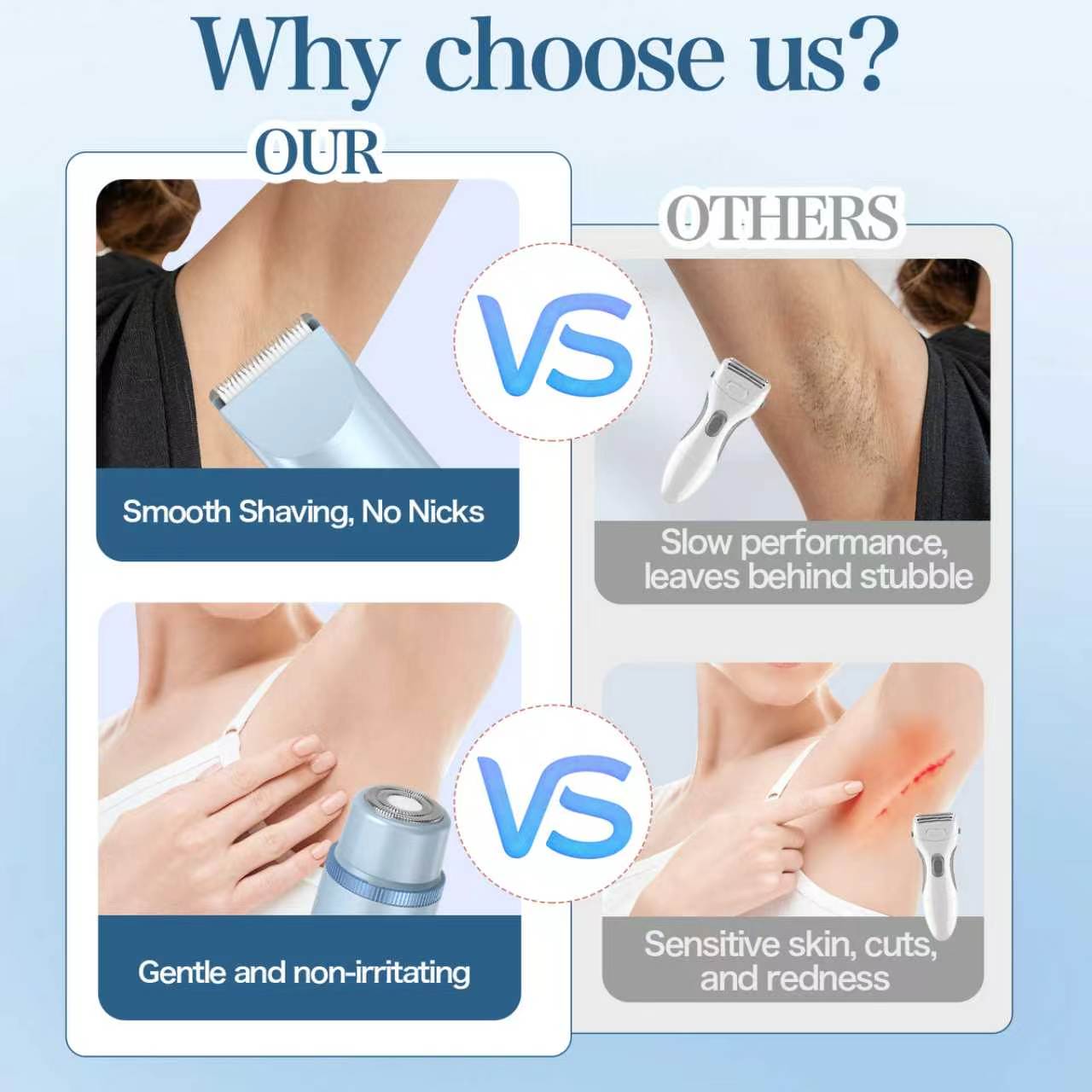 Blue bikini trimmer performance comparison graphic