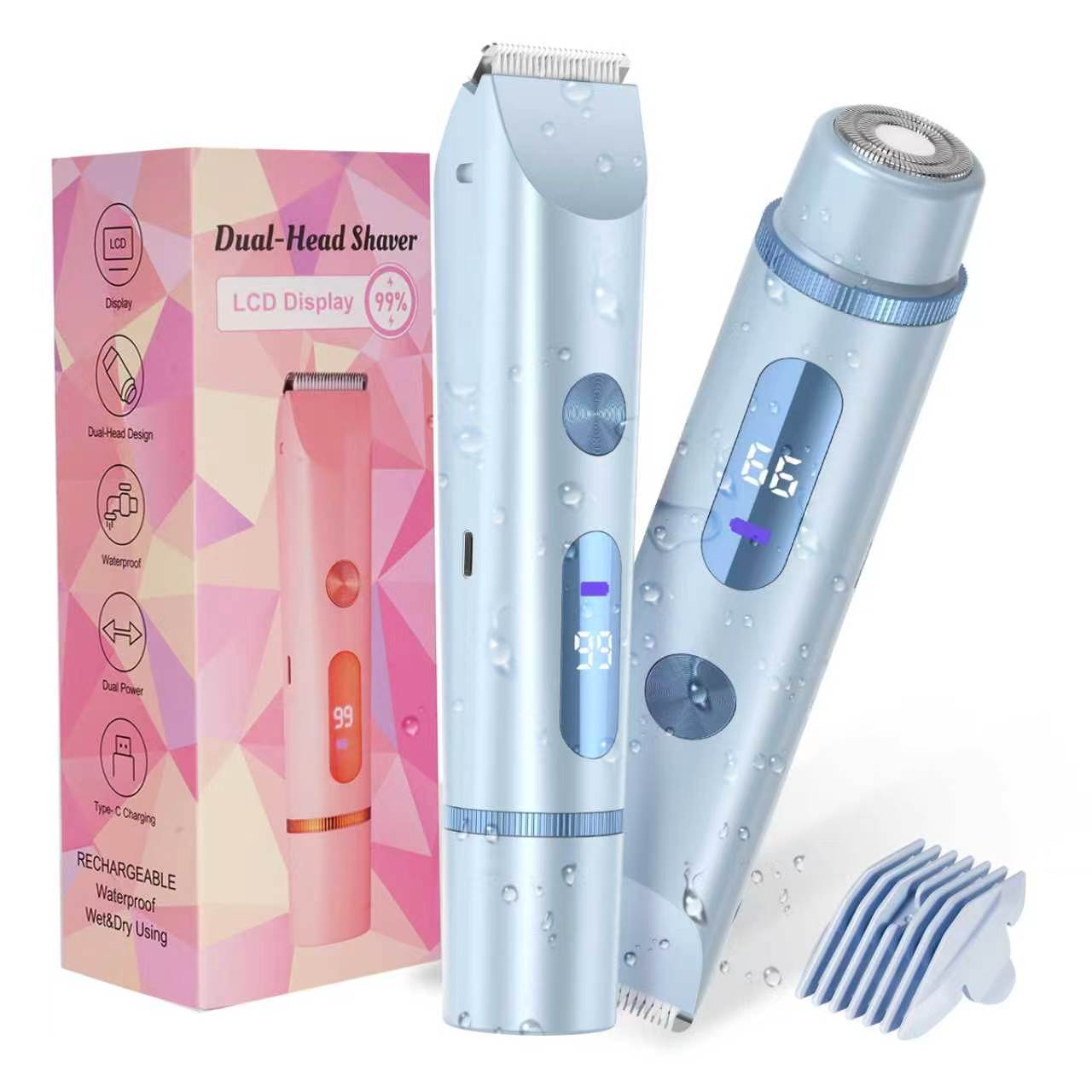 Blue 2-in-1 waterproof bikini trimmer and electric shaver with accessories