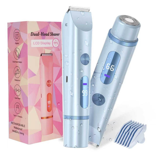 Blue 2-in-1 waterproof bikini trimmer and electric shaver with accessories