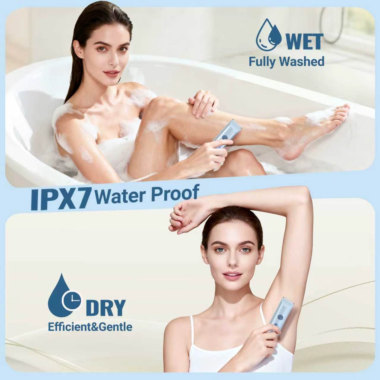 Blue waterproof bikini trimmer shown for wet and dry use