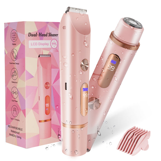 Pink 2-in-1 waterproof bikini trimmer and electric shaver with two heads
