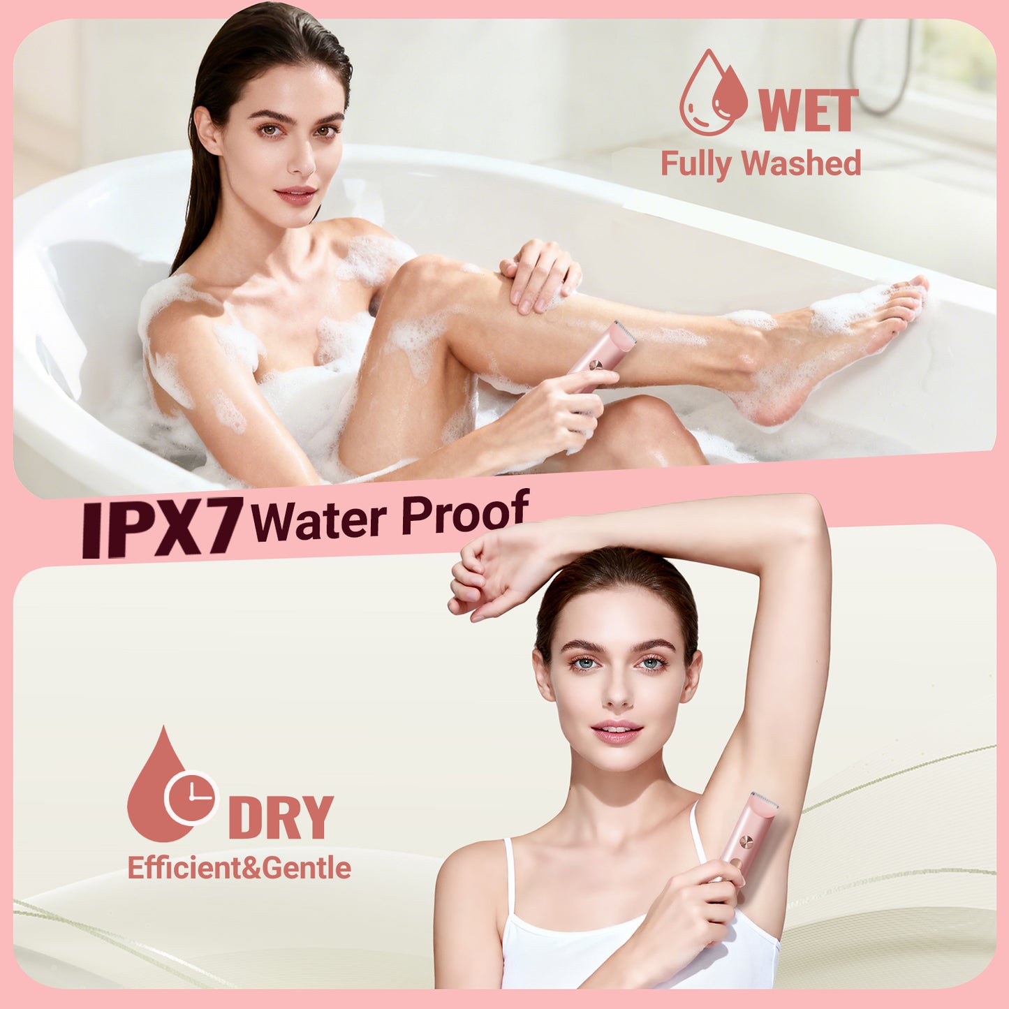 Pink waterproof bikini trimmer shown for wet and dry use