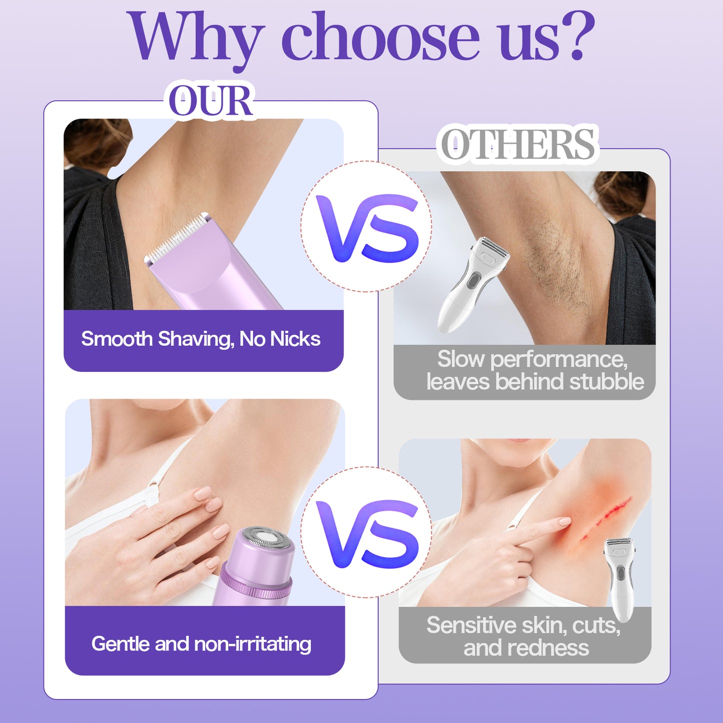 Purple bikini trimmer feature comparison for smooth and gentle shaving