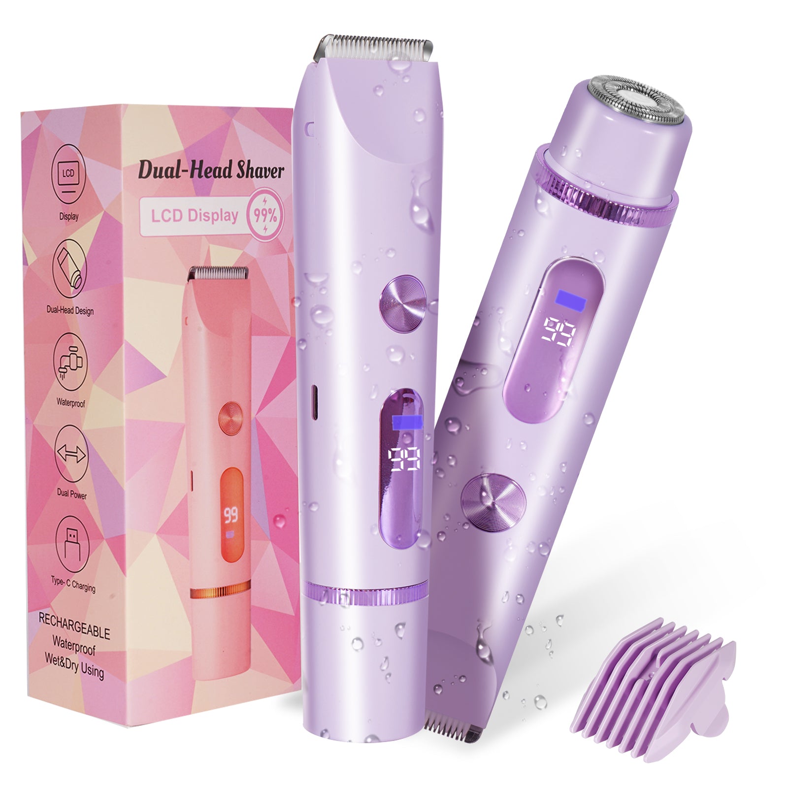 Purple 2-in-1 waterproof bikini trimmer and electric shaver with two heads