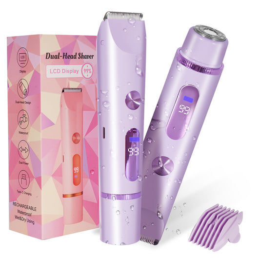 Purple 2-in-1 waterproof bikini trimmer and electric shaver with two heads